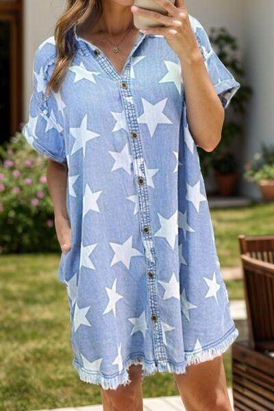Raw Hem Star Short Sleeve Denim Dress for Casual Style