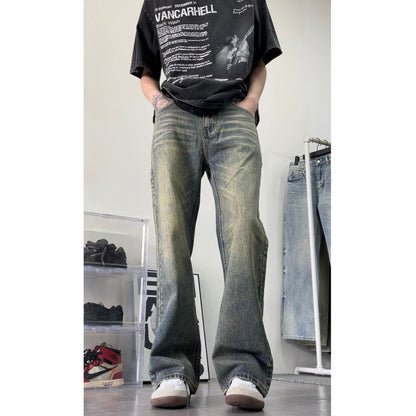 Mens American Style Retro Washed Distressed Straight Leg Jeans
