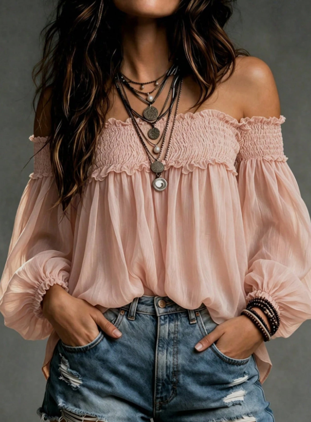 Womens Solid-color Off-shoulder Casual Smocking Top Shirt
