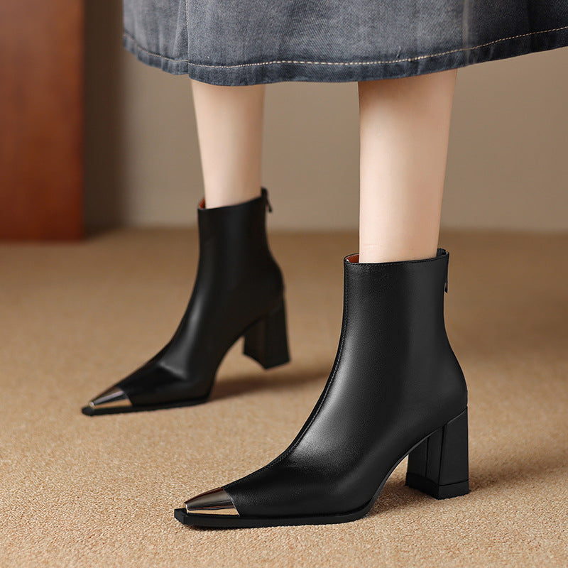 European And American-style Chic Metallic-stitched Pointed-toe Leather Ankle Boots