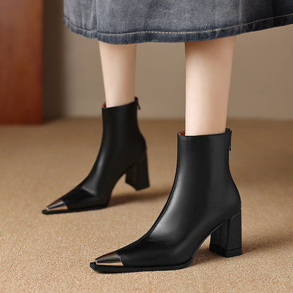 European And American-style Chic Metallic-stitched Pointed-toe Leather Ankle Boots