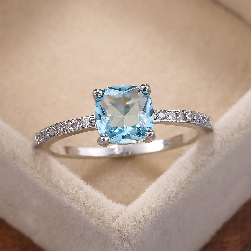 Micro-paved Zircon Royal Blue Square-cut Ring For Women