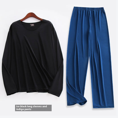 Spring Summer Ultra-thin Men's Long-sleeved Cropped Trousers Pajamas Suit