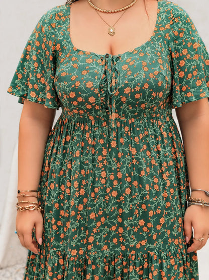 Plus Size Printed Short Sleeve Tiered Maxi Dress
