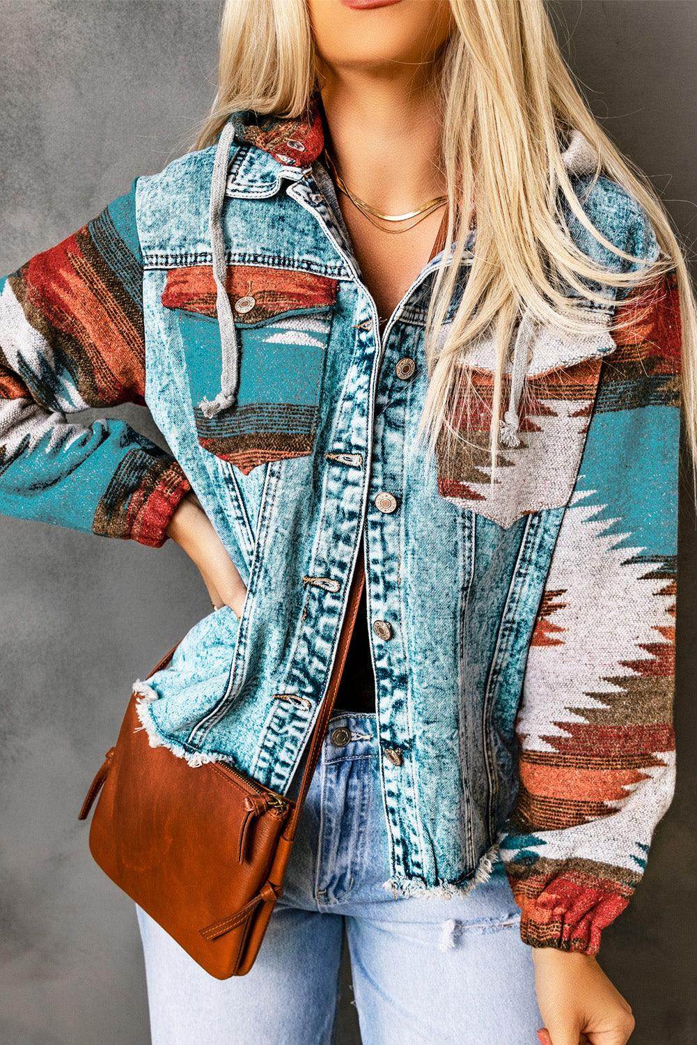 Drawstring Hooded Pocketed Denim Jacket for Women