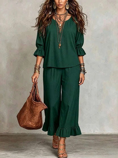 Women's Solid-color Loose-fit Casual Button-up Set