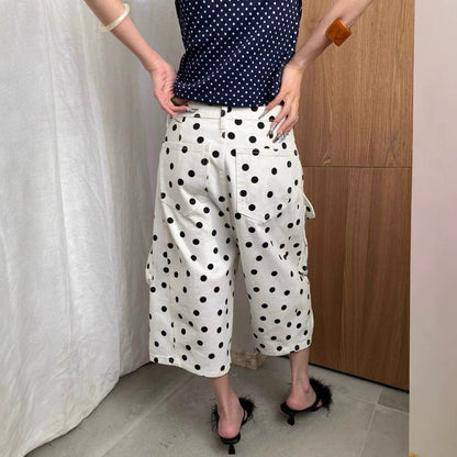 American-style Vintage White Polka-dot Work Pants