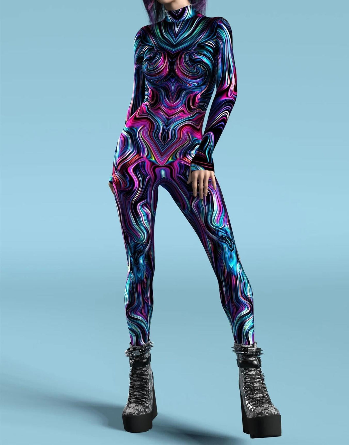 3D Digital-printed Snap-closure Form-fitting Womens Bodysuit