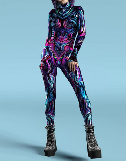 3D Digital-printed Snap-closure Form-fitting Womens Bodysuit