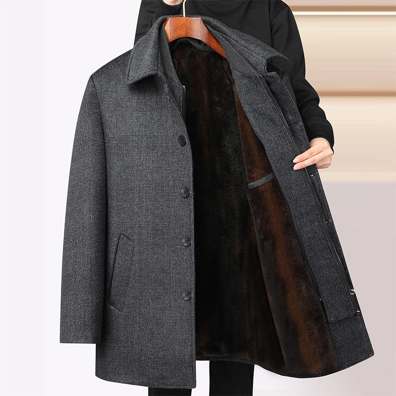 Men's Woolen Coat Mid-length Fleece Plaid Detachable Double Collar