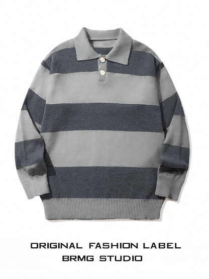Mens Striped Knit Sweater With A Contrasting Color Collar