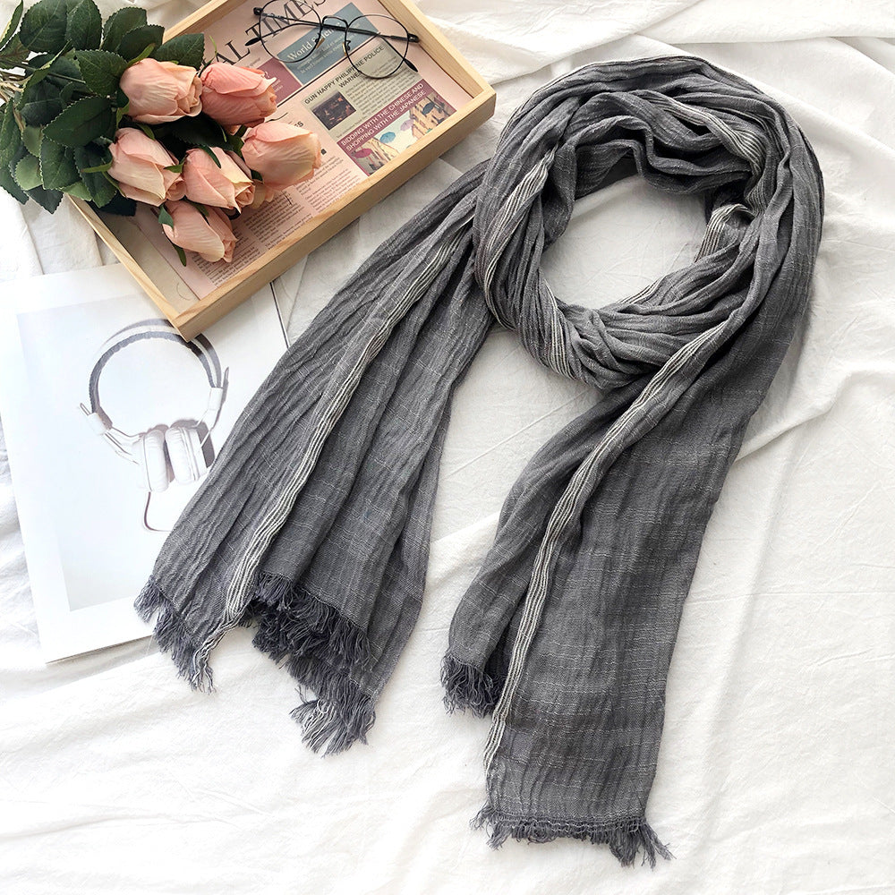 Japanese Korean Striped Solid Color Cotton And Linen Scarf