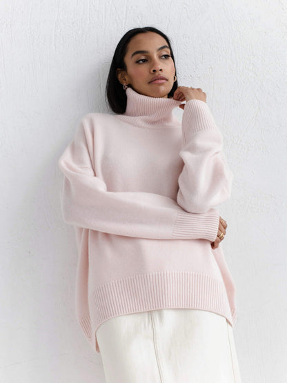 Women's Oversized Turtleneck Sweater, Solid Color Long Sleeve Loose Knit Pullover, Casual Fall Winter Basic Knit Top For Ladies