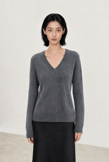 Ribbed V-Neck Ultrafine Merino Wool & Cashmere-Silk Blend Knit Sweater