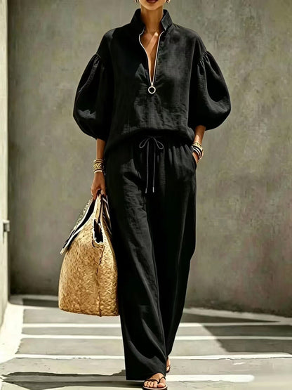 Loose-fitting Solid-color Womens Set With A Half-zip And Puff Sleeves