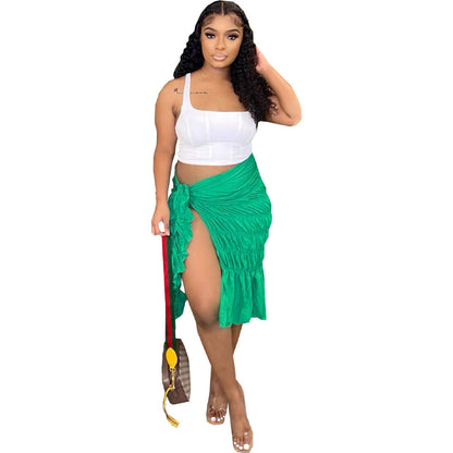 Solid Pleated Split Skirt Women