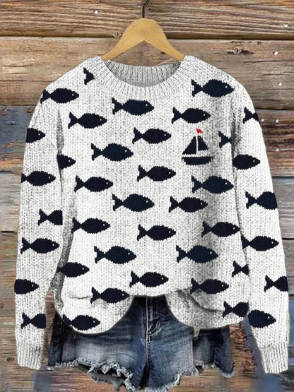 Women's Casual Loose Button-down Round-neck Sweater