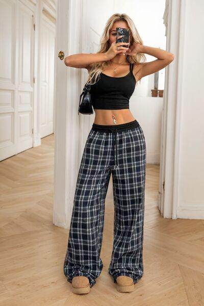 Plaid Wide Leg Pants with Drawstring and Sheer Style