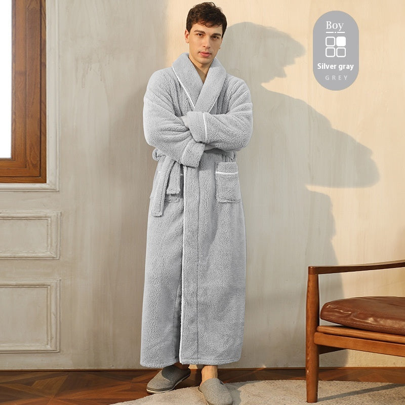 Autumn And Winter Thickened Cotton Velvet Nightgown Men's Winter Plus-sized Plus Size Light Luxury Couple Bathrobe Women's Extended Pajamas