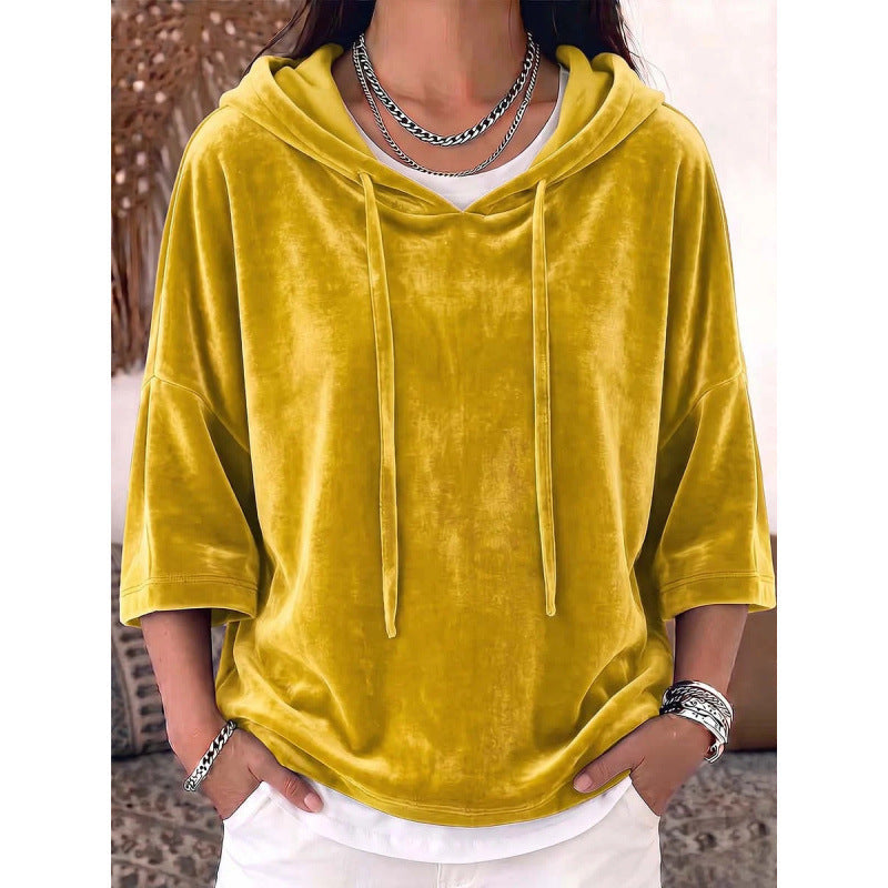 Solid-color Drawstring Three-quarter-sleeve Velvet Hoodie