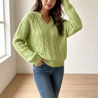 Women's Fashion Cable-knit Sweater With A Half-placket Neckline