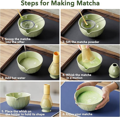 Matcha Whisk Set 7 Pcs - Ceramic Matcha Set with Bowl, Whisk, Holder, Bamboo Scoop, Rest, Sifter, and Tea Towel – Elegant Matcha Kit Gift for Women