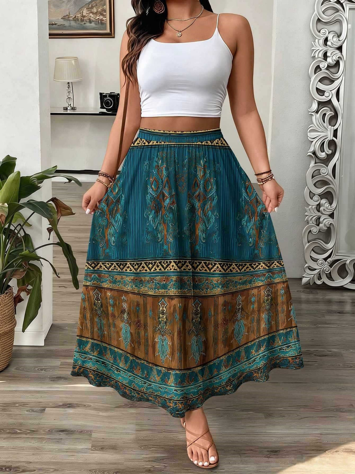 Womens 3D-printed Elastic High-waist Skirt