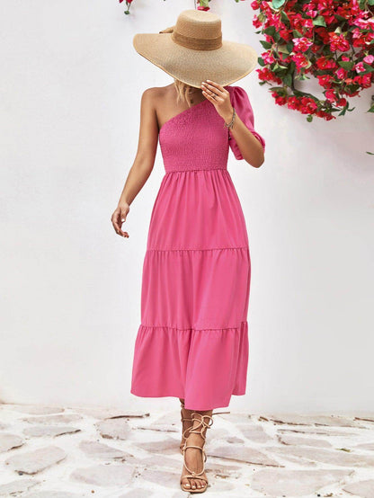 Chic Smocked One-Shoulder Midi Dress for Elegant Style