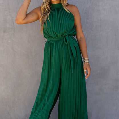 Off-shoulder Halterneck Pleated Jumpsuit