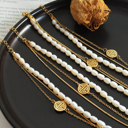 Titanium Steel Three-Layered Pearl Bracelet for Women