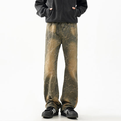 Men's Jacquard Denim Washed Straight-leg Cropped Flared Pants