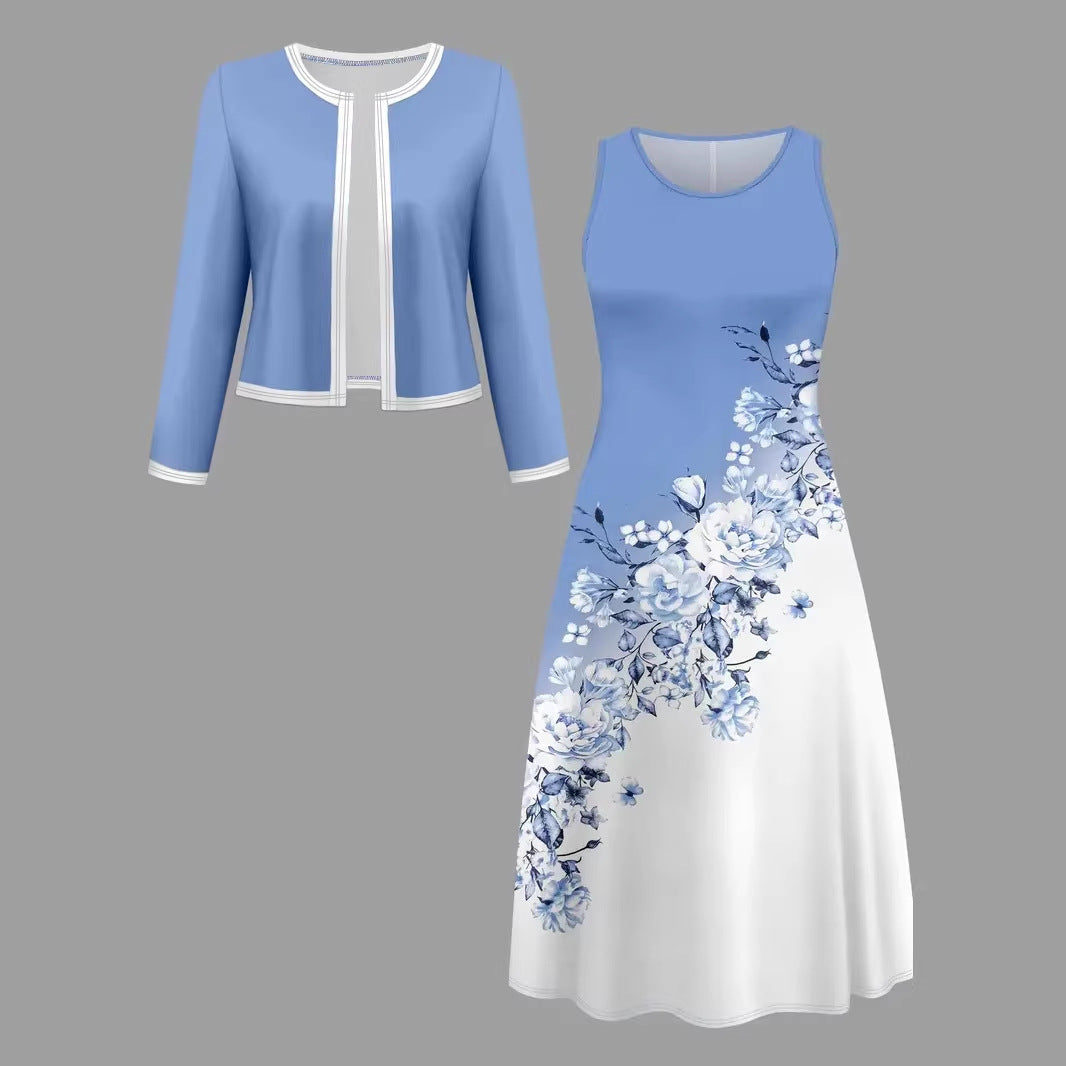 Color-block Elegant And Sophisticated Professional Coat Paired With A Dresstwo-piece Set