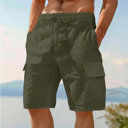 Beach Shorts With Elastic Waist Drawstring Multiple Pockets Solid Color