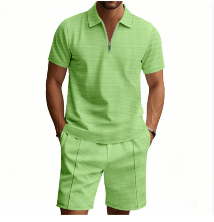2Pcs Casual Waffle Suit Summer Zipper Lapel Short-sleeved Top And Drawstring Pockets Shorts Versatile Solid Color T-shirt Set For Mens Clothing