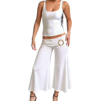 Women's Pleated Metal-Button Flared Low-Waist Cropped Pants