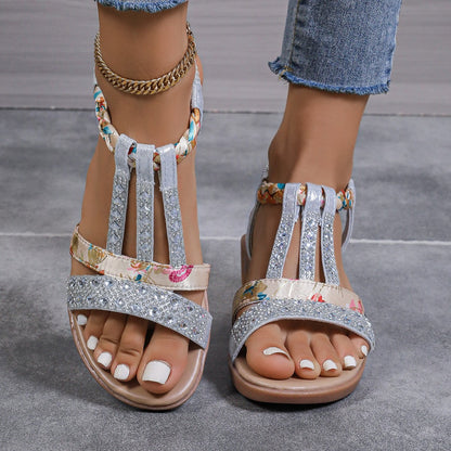 Bohemian Wedge Peep Toe Sandals Women's Fashion Outerwear Elastic Slip-on