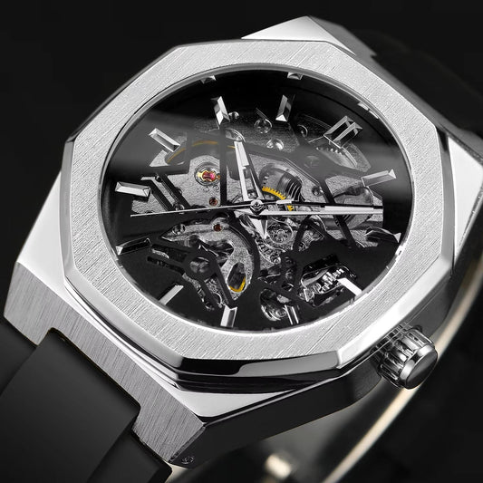 Casual Silver Hollow Skeleton Rubber-band Automatic Mechanical Watch