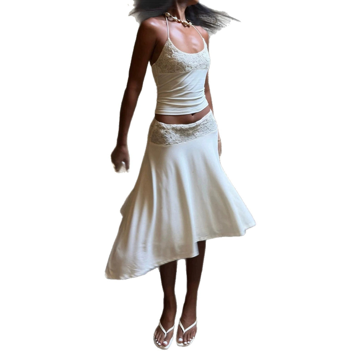 Womens Casual Sleeveless Lace-panel Top And Skirt Set