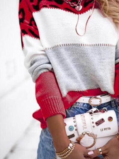 Leopard Color Block Round Neck Long Sleeve Sweater for Women
