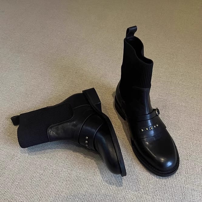 Rivet Belt Buckle Stretch Skinny Black Sock Ankle Boots