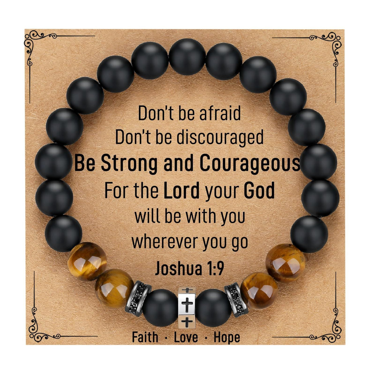 Tigers Eye Stone And Stainless Steel Cross Beaded Bracelet