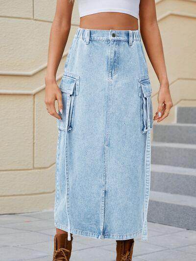 Slit Pocketed High Waist Denim Skirt for Women