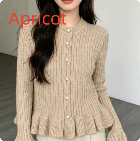 Korean-style Flared-sleeve Ruffled Long-sleeved Knitted Top, Elegant Blouse