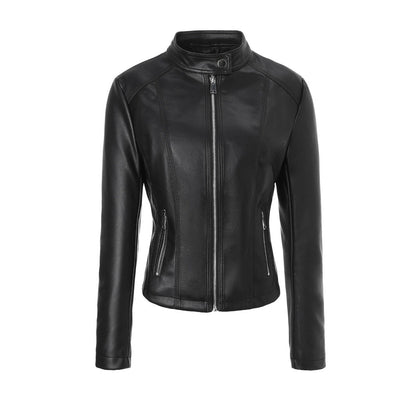 Women's Stand-collar Zip-up Biker PU Leather Jacket
