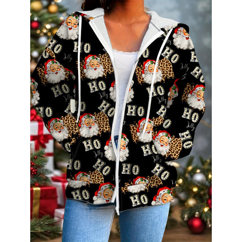 Long Sleeved Zipper Women's Hooded Sweatshirt American Santa Claus Jacket Personalized Denim Print Spring & Fall New Top