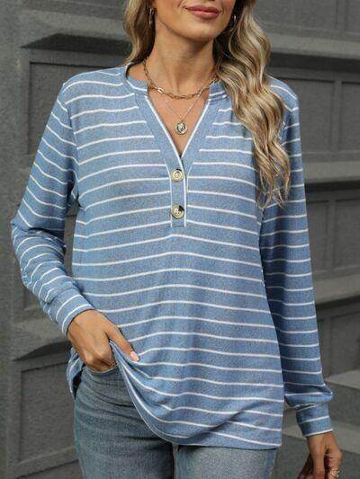 Striped Notched Long Sleeve T-Shirt for Casual Style