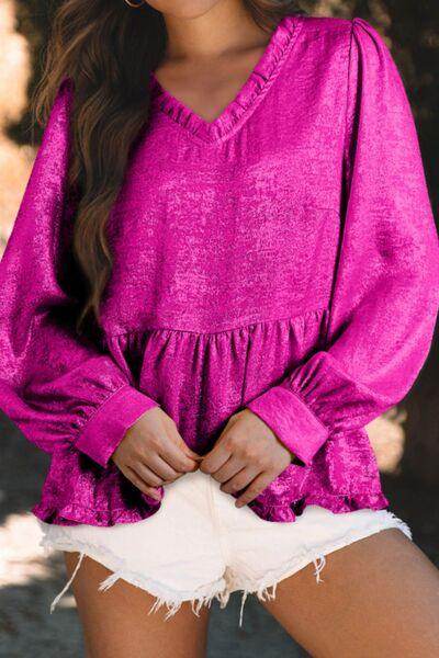 Frill V-Neck Long Sleeve Blouse for Stylish Women