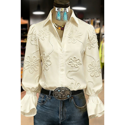 Women's Lace-trimmed Long-sleeve Collared Blouse