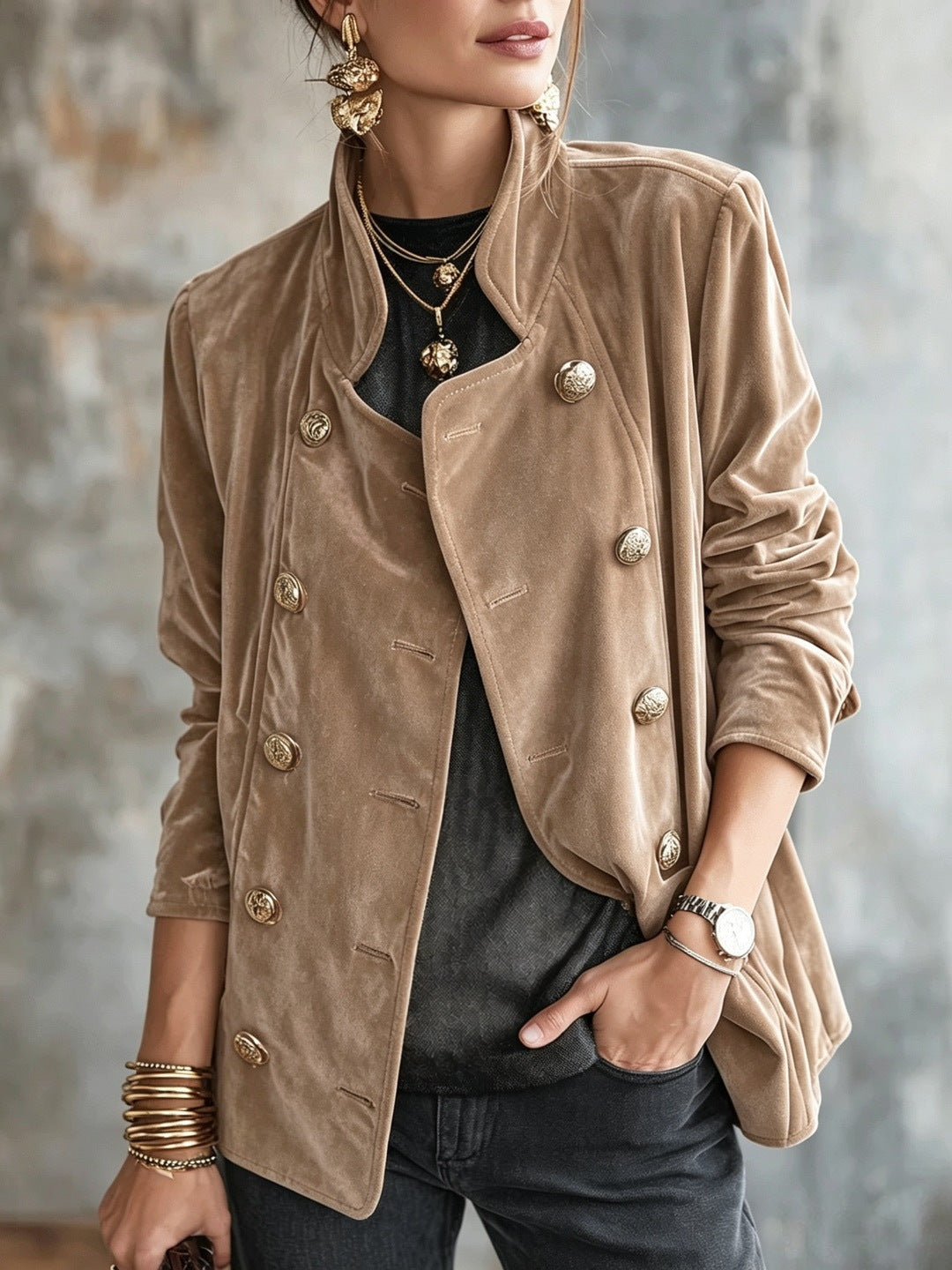 Vintage-chic Gold Velvet Coat For Women