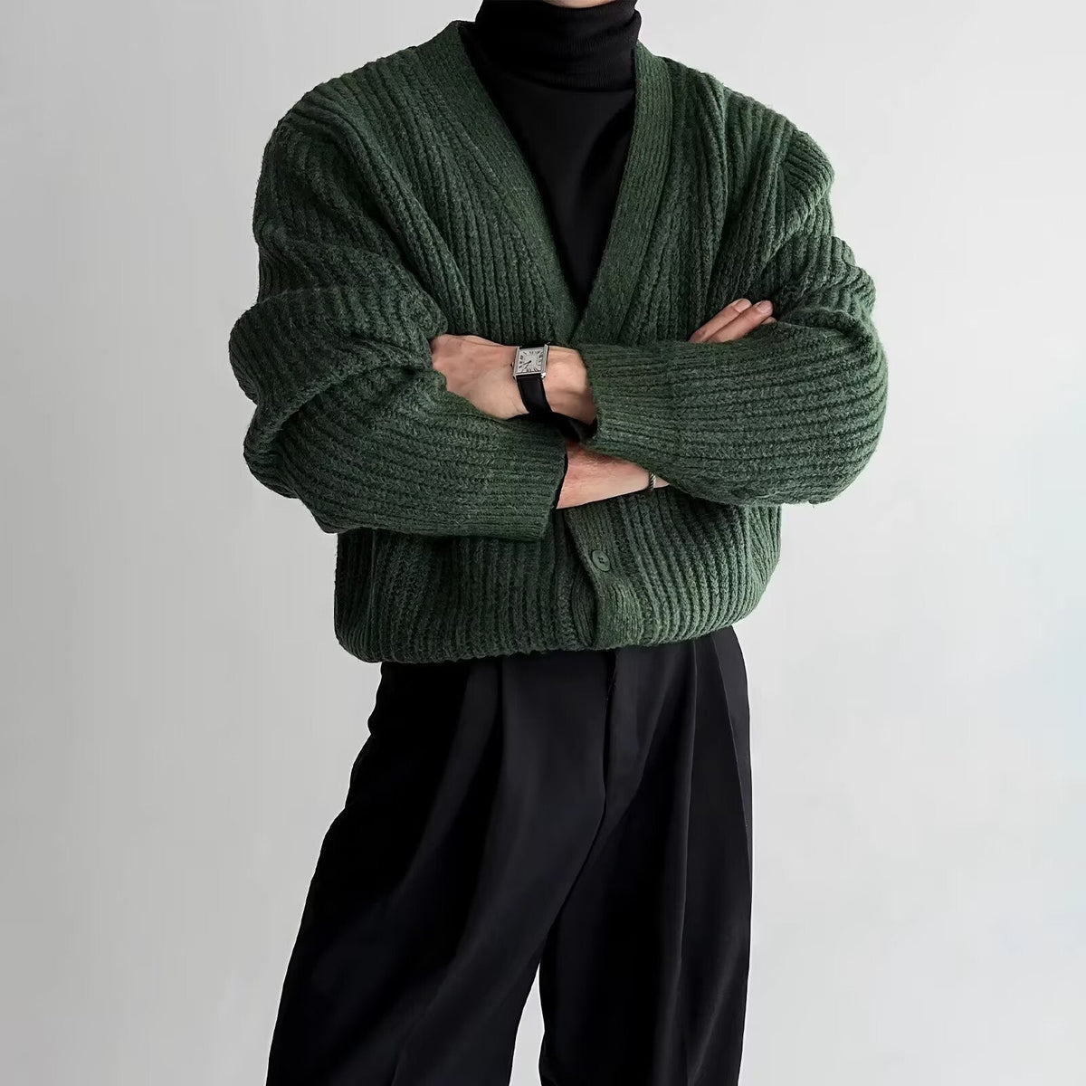 Mens Loose-Fit Versatile Artistic V-Neck Sweater